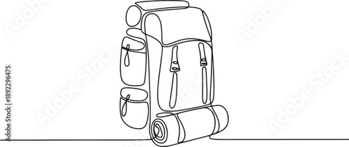Single continuous line drawing camping backpack for hiking, travel and tourism isolated on white background. Backpack for camp gears, mats, sleeping bags. one line Icon drawing