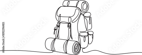 Single continuous line drawing camping backpack for hiking, travel and tourism isolated on white background. Backpack for camp gears, mats, sleeping bags. one line Icon drawing