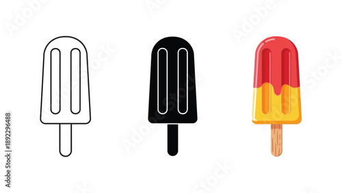 Set of three popsicle icons outline, solid black and colorful fruit flavor illustration