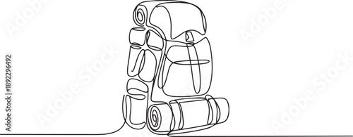 Single continuous line drawing camping backpack for hiking, travel and tourism isolated on white background. Backpack for camp gears, mats, sleeping bags. one line Icon drawing