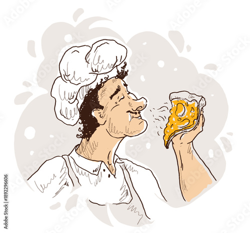 Chef tasting pizza with fresh toppings