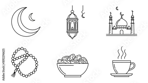 Symbols of Islamic Celebration: A collection of meticulously crafted line art illustrations depicting essential symbols of the Islamic faith, evoking a sense of spirituality, and cultural richness.