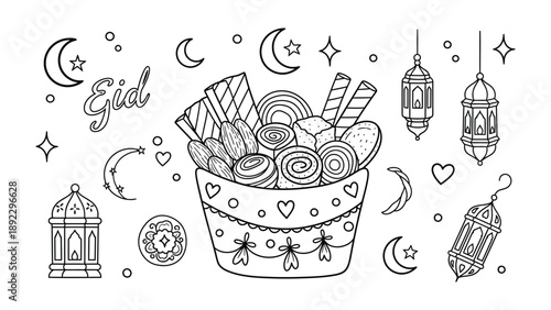 Eid Celebration Sketch: An illustrative depiction of Eid, showcasing the festive season's essence with a hand-drawn basket of sweets and traditional lanterns under a crescent moon sky.