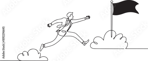 Continuous one line drawing active businessman jump or leap over clouds to reach his success target or flag. Challenge his career path. Taking risk. one line Icon drawing