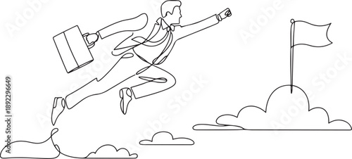 Continuous one line drawing active businessman jump or leap over clouds to reach his success target or flag. Challenge his career path. Taking risk. one line Icon drawing