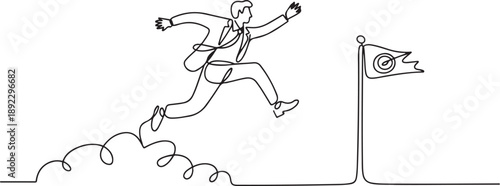 Continuous one line drawing active businessman jump or leap over clouds to reach his success target or flag. Challenge his career path. Taking risk. one line Icon drawing
