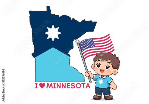 Vector map in flag colors. I love Minnesota. Cute cheerful cartoon boy waving United States of America banner. Isolated background. American state