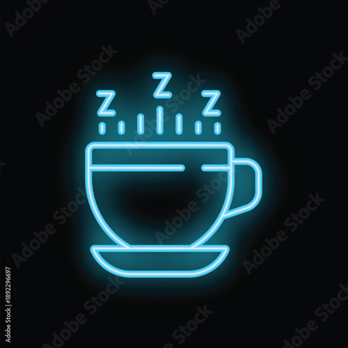 Neon blue icon of a steaming cup of coffee or tea with a sleep deprivation symbol on a black background