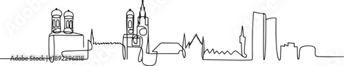 Single continuous line drawing of Munich city skyline. Famous Munchen city skyscraper landscape in world. World travel wall decor poster print concept. one line Icon drawing