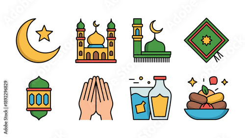 Ramadan Icons: A collection of Ramadan icons, representing the spirit of the holy month. Featuring crescent moon, mosque, prayer mat, lantern, praying hands, water, and dates, with a colorful design.