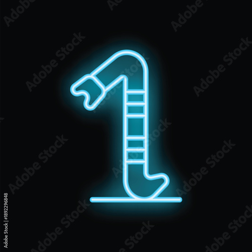 Glowing neon icon of a snorkel with mouthpiece and tube for diving and swimming on a black background
