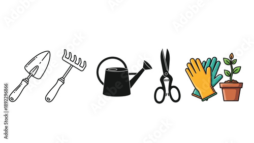 Set of hand drawn gardening tools and equipment icons for planting and horticulture