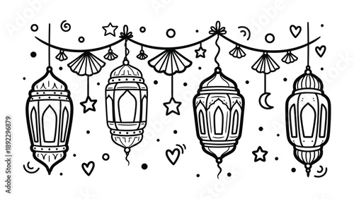 Festive Lanterns Illustration: Intricate hand-drawn lanterns, stars, and crescent moons, evoking the spirit of celebration. Perfect for cultural or decorative designs. 