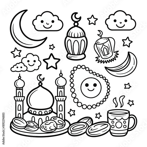 Ramadan Delight: A whimsical illustration of Islamic icons is presented, inviting viewers to savor the blessings and traditions of Ramadan through charming details.