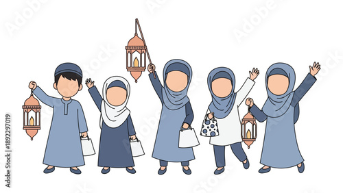Joyful Lantern Procession: A group of children, adorned in modest attire and carrying traditional lanterns, joyfully celebrate amidst the light and warmth of their traditions.