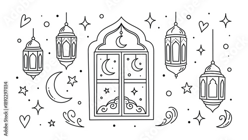 Moonlit Lanterns: Delicate lines depict a serene scene of crescent moons, twinkling stars, and ornate lanterns, casting a soft glow in a celestial, spiritual setting.