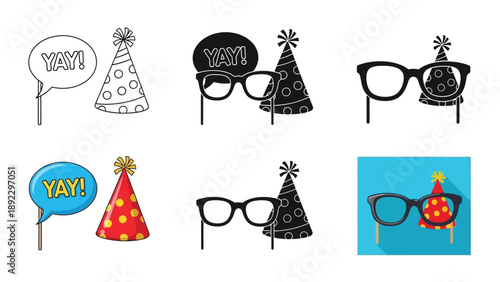 Set of party photo booth props for celebration and birthday events speech bubbles, party hats, and glasses sticks