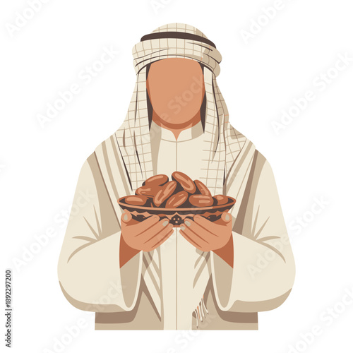 A Generous Offering: A figure clad in traditional attire gracefully presents a dish of dates, symbolizing hospitality and cultural richness. 