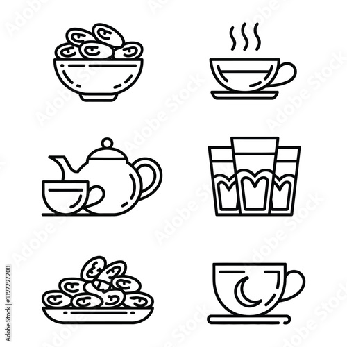 Traditional Breakfast Spread: A detailed overhead view presents a neatly arranged collection of food and drink icons, a visual celebration of a meal.