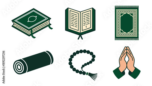 Sacred Symbols: An array of Islamic artifacts, including the Quran, prayer beads, and prayer rug, embody the spiritual essence of faith and reverence.