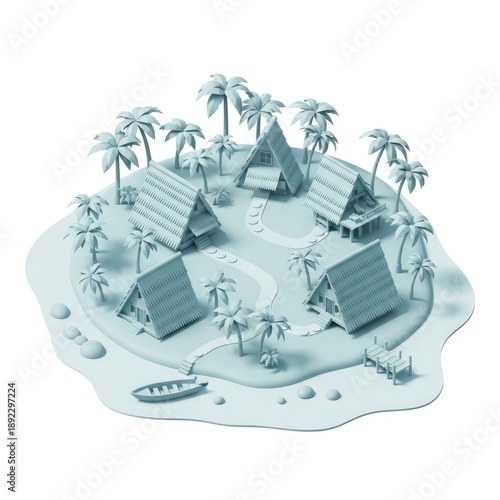 Tropical island with huts and palm trees in a 3D illustration.