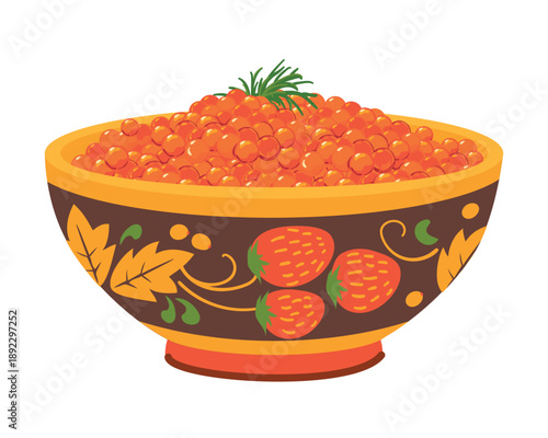 Red caviar in a Khokhloma style painted bowl. Vector illustration of this Russian delicacy. Concept of wealth, generosity, and traditional hospitality in Russia. Flat style.