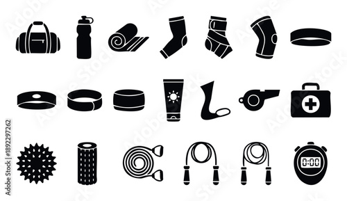 Essential fitness and sport gear black silhouette icons featuring workout bag, water bottle, yoga mat, protective braces, resistance bands, jumping ropes, and timer for active lifestyle and
