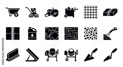 A comprehensive collection of black and white icons representing various construction, roadwork, and paving tools, materials, and techniques for professional engineering and building
