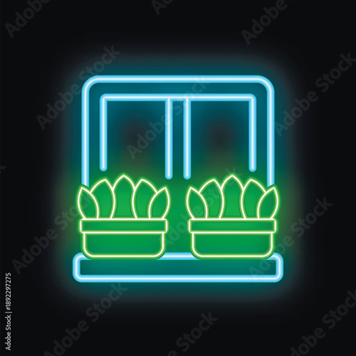 Neon green plants on window sill icon glowing on black background