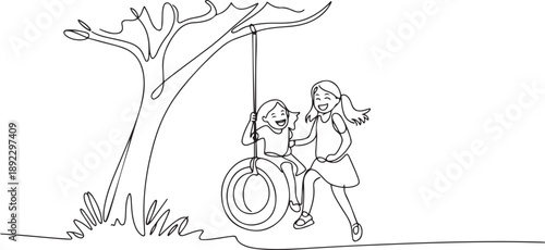 Single one line drawing happy two girls playing tire swing under tree. Cute kids swinging on tire hanging from tree. Children playing in garden one line Icon drawing