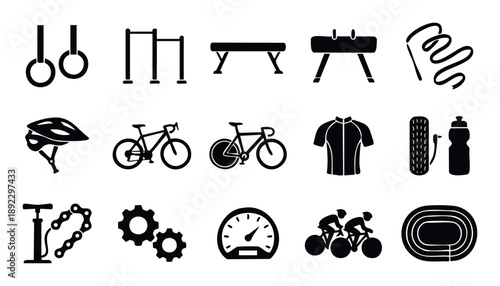 Comprehensive collection of black and white sports equipment icons featuring gymnastics apparatus and cycling gear for athletic competition and fitness related projects