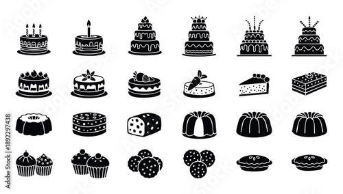 A comprehensive collection of sweet bakery dessert icons featuring birthday cakes, tiered celebration cakes, cupcakes, pies, and cookies, ideal for confectionery menus, party invitations,