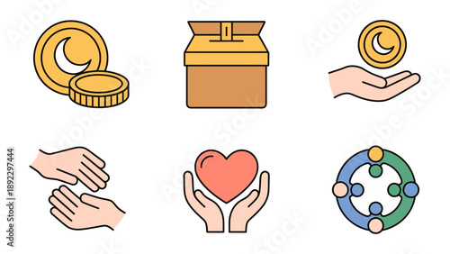 Symbolic Harmony: A collection of icons representing charity, depicting coins, a donation box, hands, and a heart symbolizing compassion and unity.