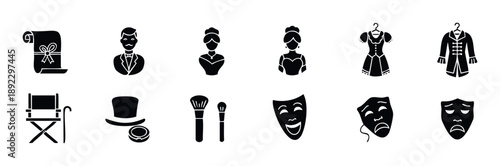 Collection of theater and acting performance icons including masks, costumes, props, and makeup essentials, perfect for illustrating stage productions, drama schools, or entertainment event