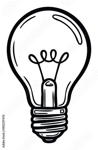 Simple graphic line drawing of an oldfashioned lightbulb symbolizing ideas, innovation, and thinking, suitable for educational content, business presentations, signage, and app interface