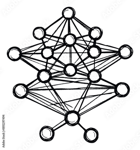 Roughly drawn neural network diagram showcasing interconnected nodes and layers suitable for illustrating complex machine learning algorithms and artificial intelligence concepts in
