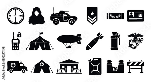 A comprehensive collection of military and defense related icons featuring various army equipment, soldier gear, tactical vehicles, and essential camp items, perfect for security and