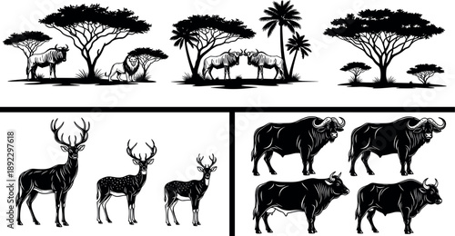 African savanna wildlife silhouettes collection featuring lions, wildebeest, buffalo, deer, acacia trees, palm trees, natural safari landscape animal scenes isolated on white background