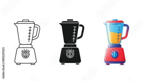 Set of blender icons outline, solid black silhouette and full color illustration for kitchen appliances and smoothies