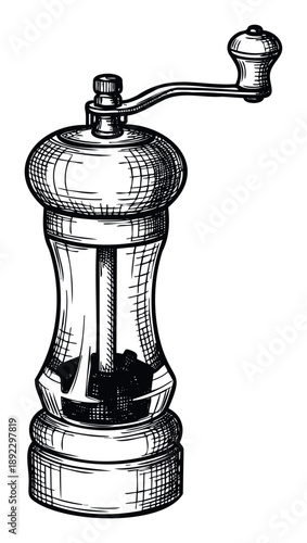 Classic kitchen spice grinder with manual crank handle in an engraving style, suitable for recipe books, restaurant menus, or cooking blog graphics.