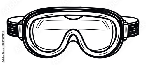 Monochrome black and white ski goggles drawing ready for use in winter sports equipment catalogs, mountain adventure blogs, or active lifestyle product advertisements.