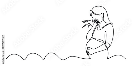 Continuous line drawing of a pregnant woman experiencing morning sickness, clutching her stomach and covering her mouth, perfect for health and pregnancy related topics