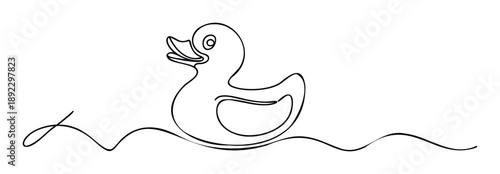 Continuous line graphic of a cheerful rubber duck floating on water, perfect for childrens learning materials, playful product branding, or contemporary visual projects.