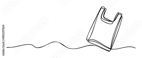 Continuous single line drawing of a plastic shopping bag floating on a wavy line representing environmental pollution for ecological campaigns and sustainable living promotions