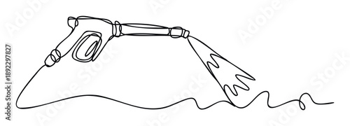 A minimalist single line drawing of a high pressure washing gun emitting a stream of water, perfect for car wash promotions or maintenance service graphics.