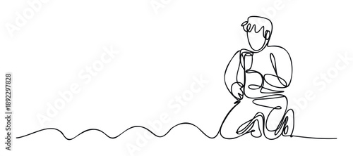 A single continuous line drawing capturing a figure kneeling and holding a container, perfect for illustrating themes of humility, offering, or focused attention in diverse media projects.