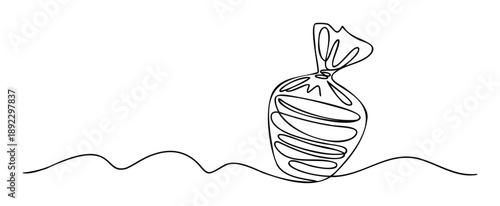 Minimalist continuous line drawing of a freshly packaged loaf of bread resting on a subtle wavy surface, ideal for modern food branding, bakery advertisements, and digital menu presentations