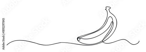 Modern continuous line drawing of a banana fruit on a wavy abstract base perfect for healthy food branding minimalist kitchen decoration or health and wellness applications.