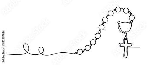 Abstract spiritual rosary with prayer beads and a holy cross, captured in a single flowing line for contemplative religious designs and sacred symbolism