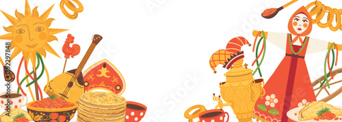 Vector horizontal banner with Maslenitsa symbols. Vector illustration in cartoon style. Samovar, pancakes with caviar and sour cream, bagels for tea. Wooden wheel with ribbons Slavic symbol of the sun